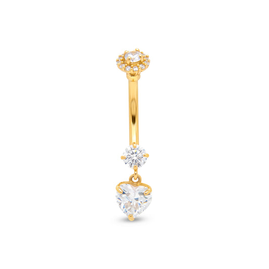 14K Yellow Gold White CZ Cluster Top Heart Dangle Belly Ring