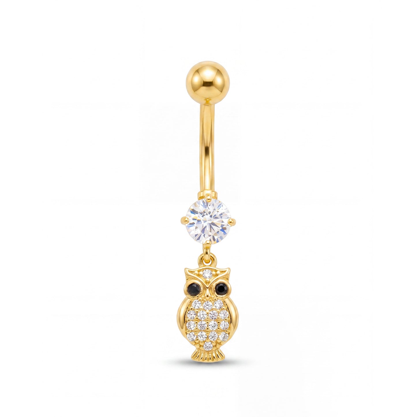 14K Yellow Gold CZ Owl Dangle Belly Ring