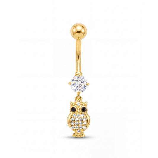 14K Yellow Gold CZ Owl Dangle Belly Ring