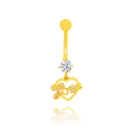 14K Yellow Gold White CZ Open Heart & CZ Love Dangle Belly Ring