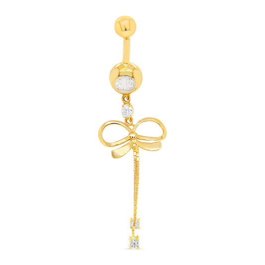 14K Yellow Gold White CZ Solitaire Drop Dragonfly Dangle Belly Ring