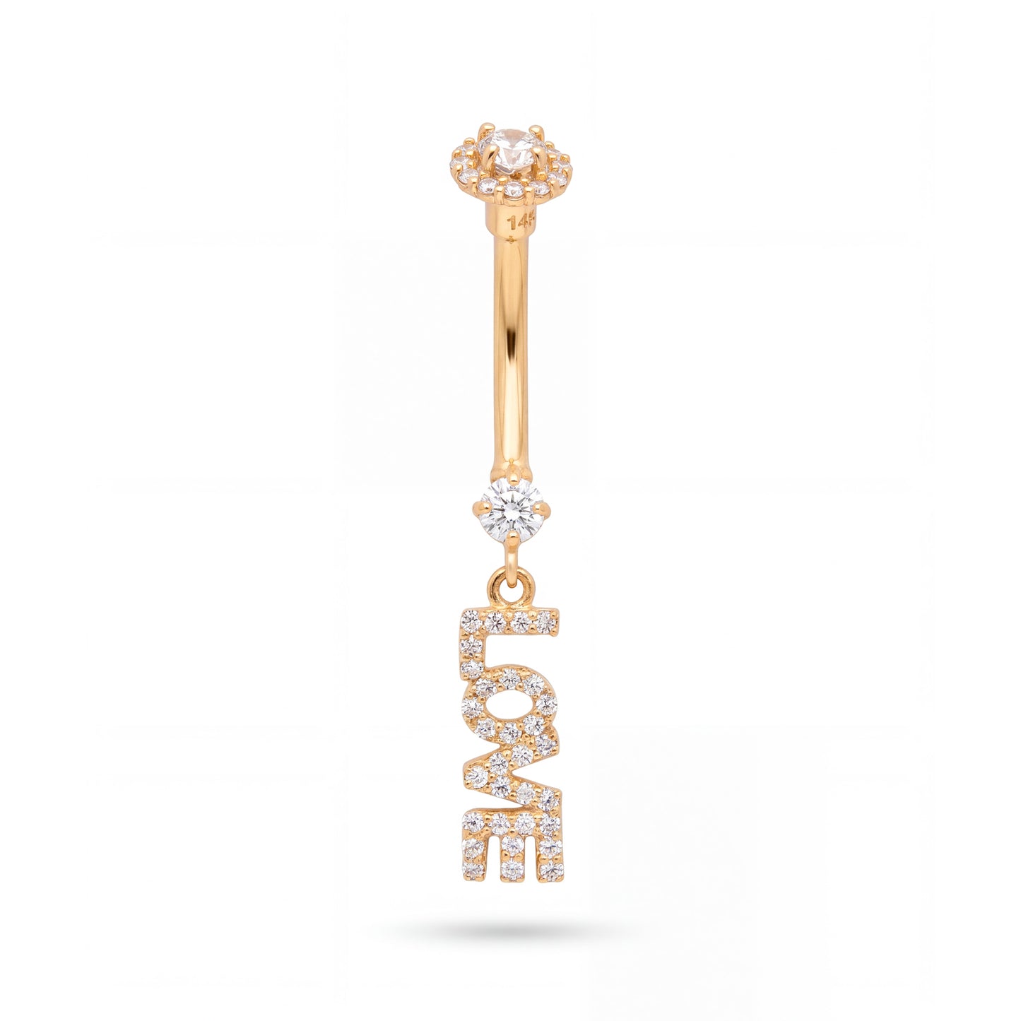 14K Yellow Gold White CZ Pave Love Dangle Belly Ring