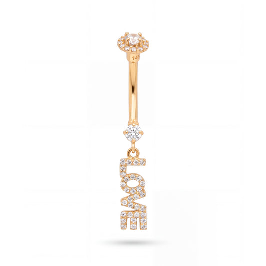 14K Yellow Gold White CZ Pave Love Dangle Belly Ring