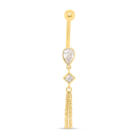 14K Yellow Gold White CZ Teardrop, Square & Chain Belly Ring