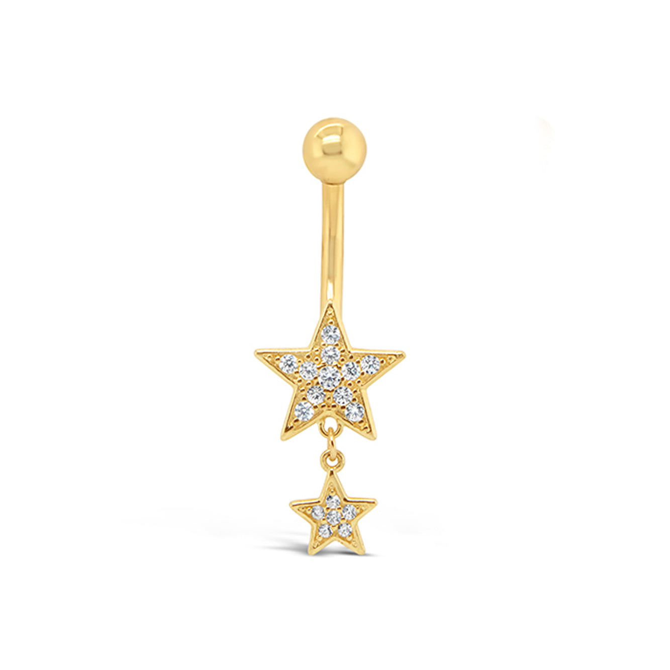 14K Yellow Gold White CZ Double Star Dangle Belly Ring