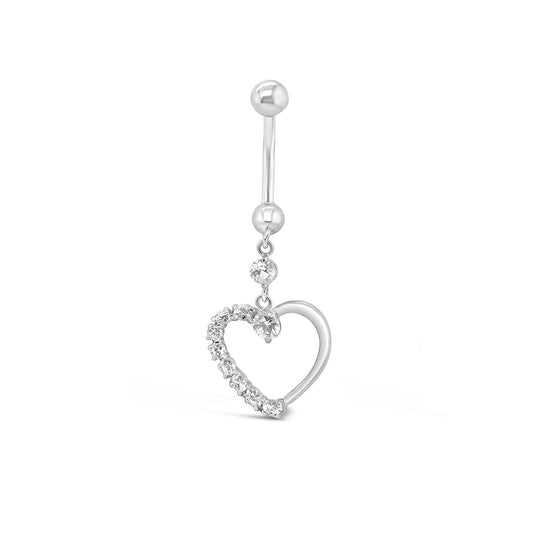 14K White Gold Clear Half White CZ Open Heart Dangle Belly Ring