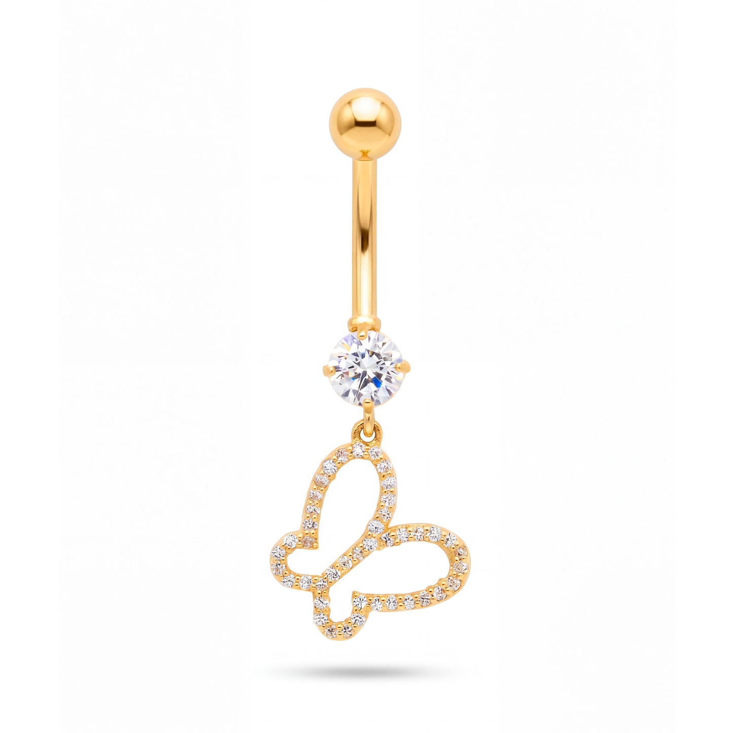 14K Yellow Gold Open White CZ Butterfly Dangle Belly Ring