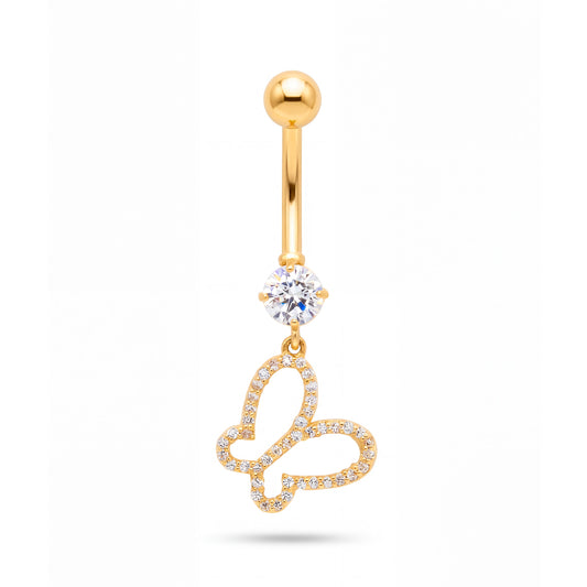 14K Yellow Gold Open White CZ Butterfly Dangle Belly Ring