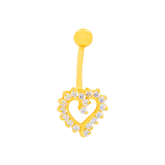 14K Yellow Gold White CZ Flowing Open Heart Dangle Belly Ring