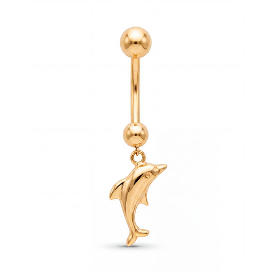 14K Yellow Gold Solid Gold Dolphin Dangle Belly Ring