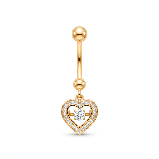 14K Yellow Gold White CZ Halo Open Heart with CZ Accent Dangle Belly Ring