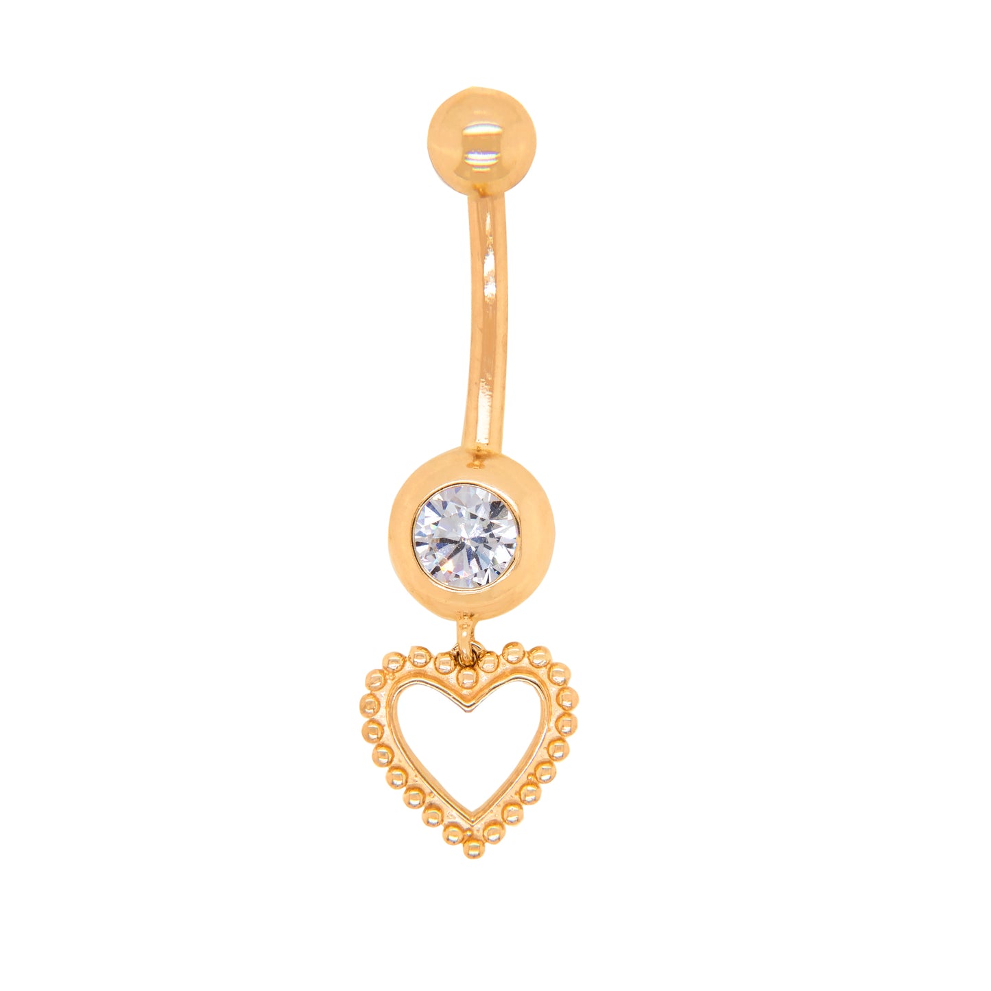 14K Yellow Gold White Round CZ Open Heart Beaded Frame Dangle Belly Ring