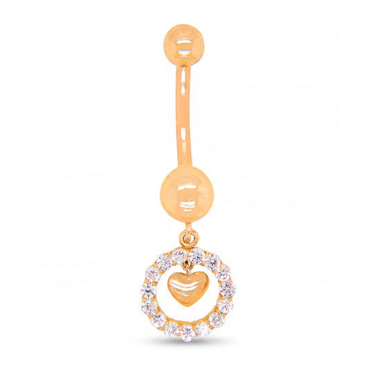 14K Yellow Gold White CZ Halo & Solid Heart Charm Dangle Belly Ring