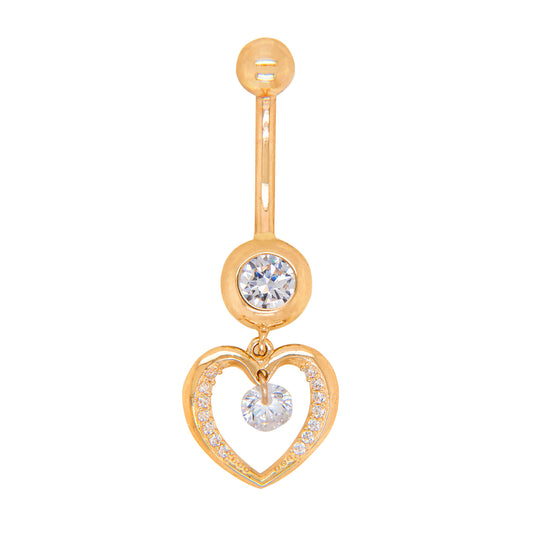 14K Yellow Gold White CZ Open Heart Halo with CZ Accents Dangle Belly Ring
