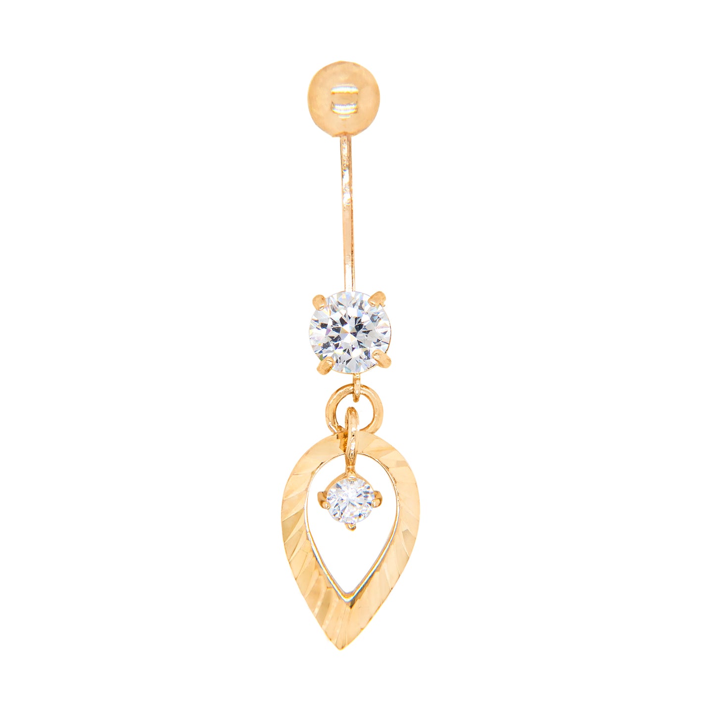 14K Yellow Gold White CZ Textured Teardrop Dangle Belly Ring