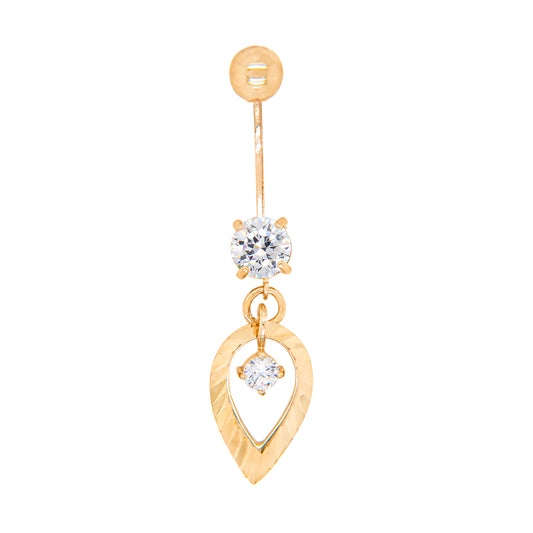 14K Yellow Gold White CZ Textured Teardrop Dangle Belly Ring