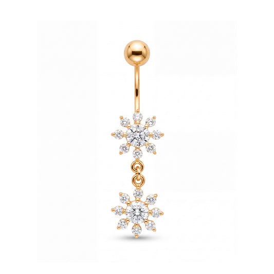 14K Yellow Gold White CZ Double Flower Dangle Belly Ring