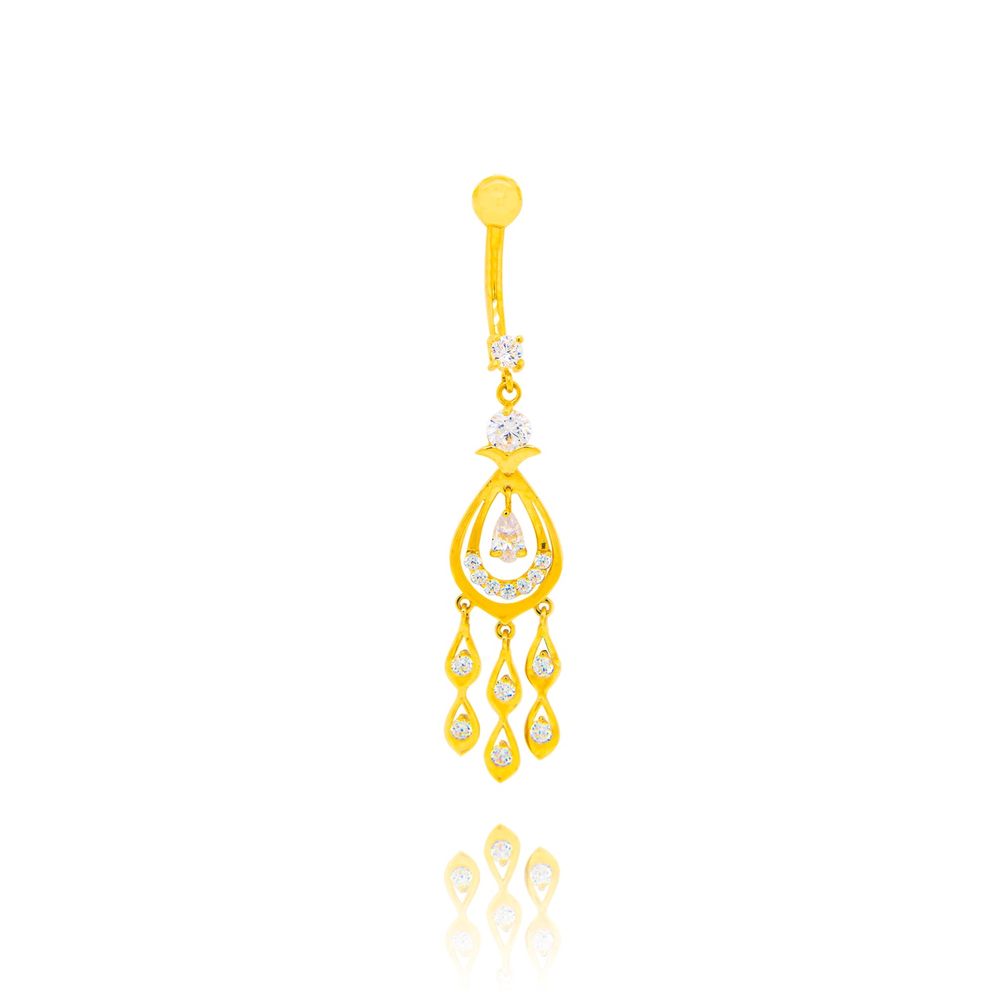 14K Yellow Gold White CZ Chandelier Teardrop Dangle Belly Ring