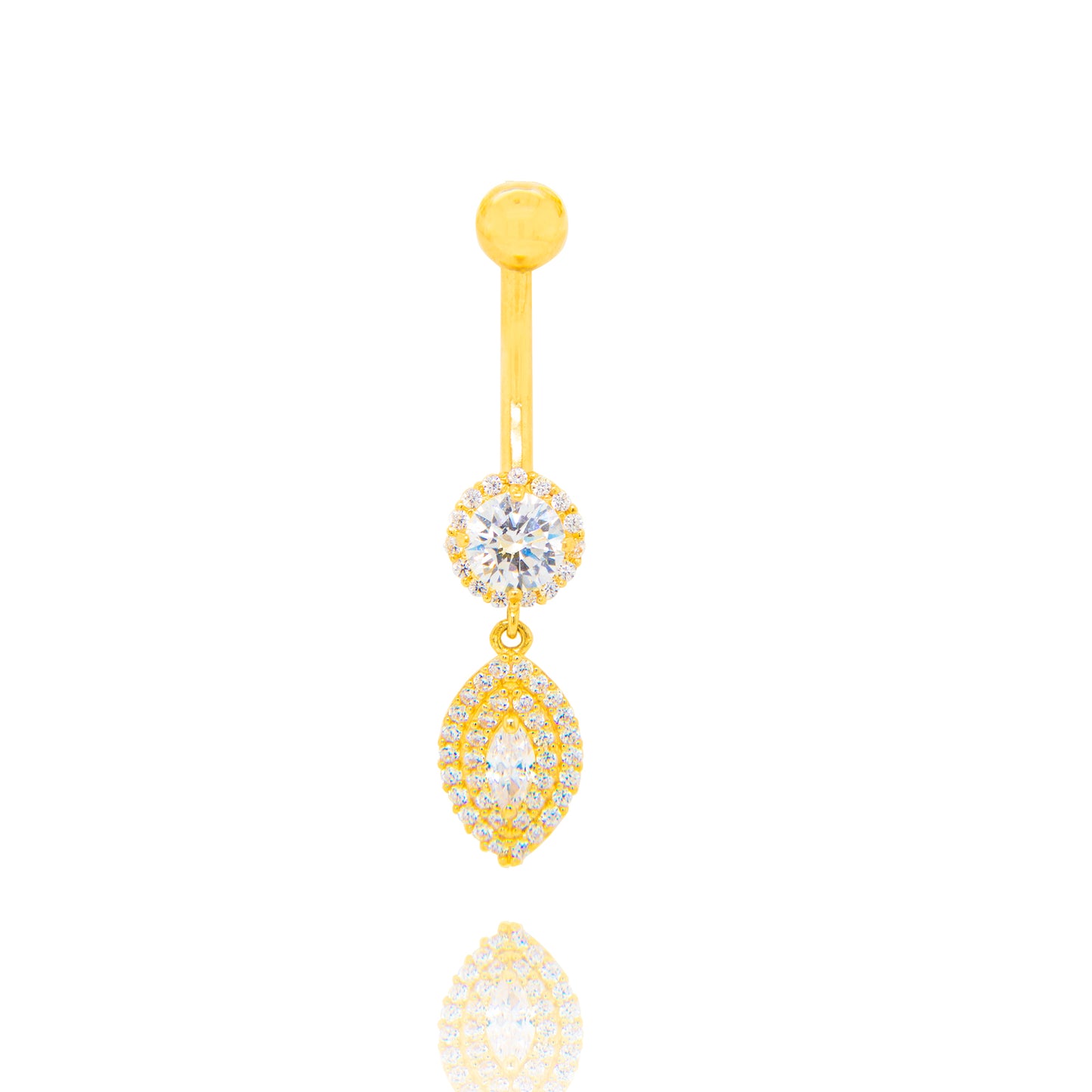14K Yellow Gold White CZ Marquise Double Halo Dangle Belly Ring