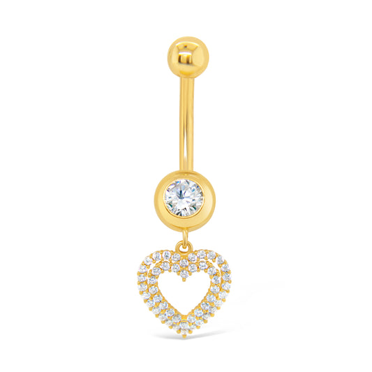 14K Yellow Gold White CZ Open Heart Double Halo Dangle Belly Ring