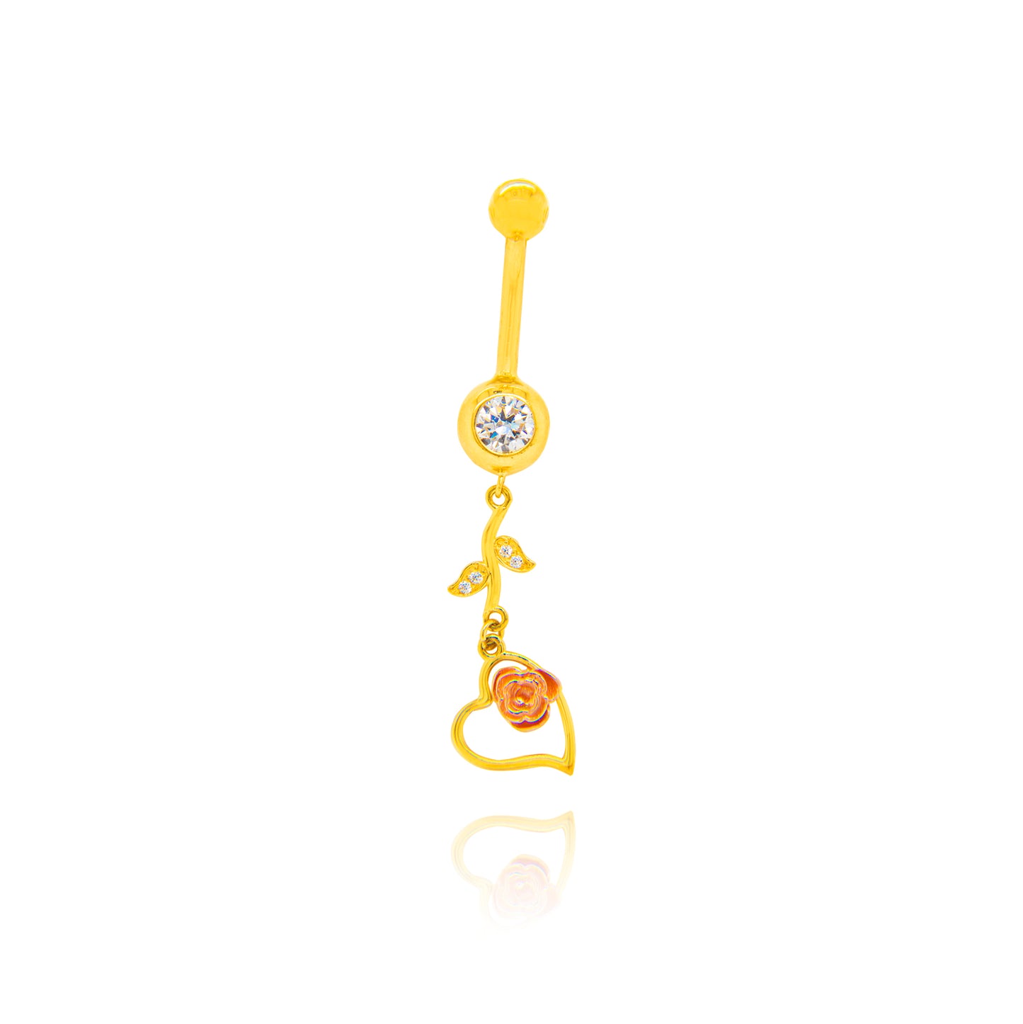 14K Two Tones Gold White CZ Rose Dangle Open Heart Belly Ring