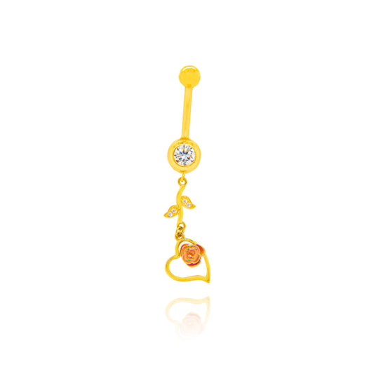 14K Two Tones Gold White CZ Rose Dangle Open Heart Belly Ring