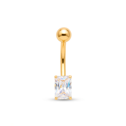 14K Yellow Gold White Baguette CZ Belly Ring