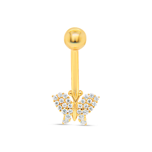 14K Yellow Gold White CZ Butterfly Belly Ring
