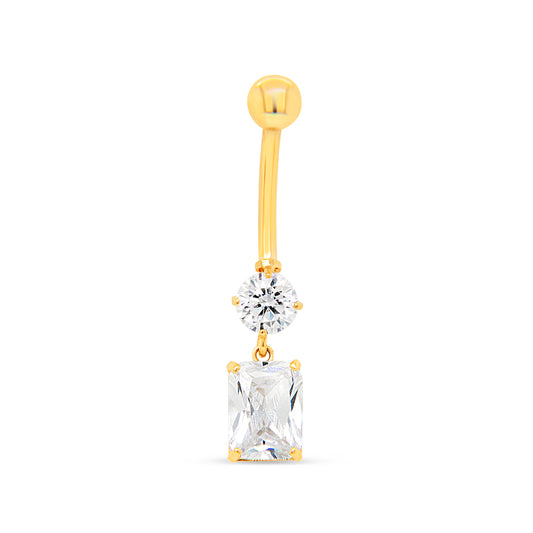 14K Yellow Gold White CZ Round & Emerald-Cut Dangle Belly Ring