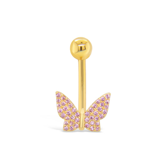 14K Yellow Gold Pink CZ Butterfly Belly Ring