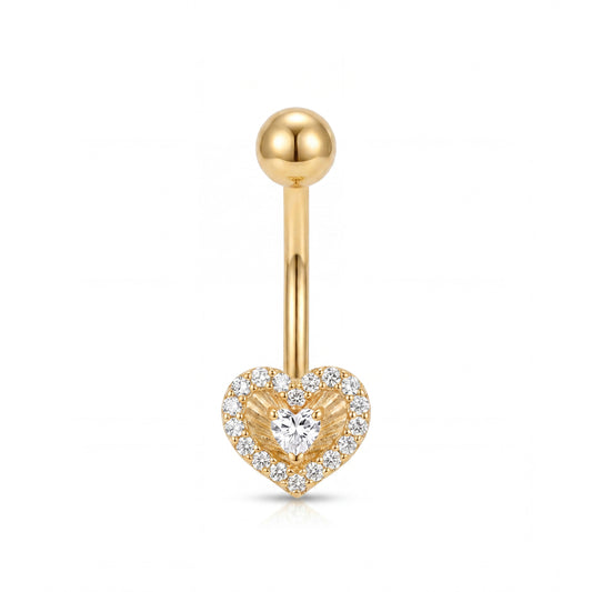 14K Yellow Gold Halo White CZ Detailed Heart with CZ Center Belly Ring