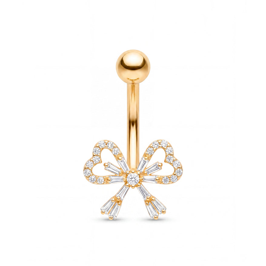 14K Yellow Gold CZ Center Plumeria Flower Belly Ring