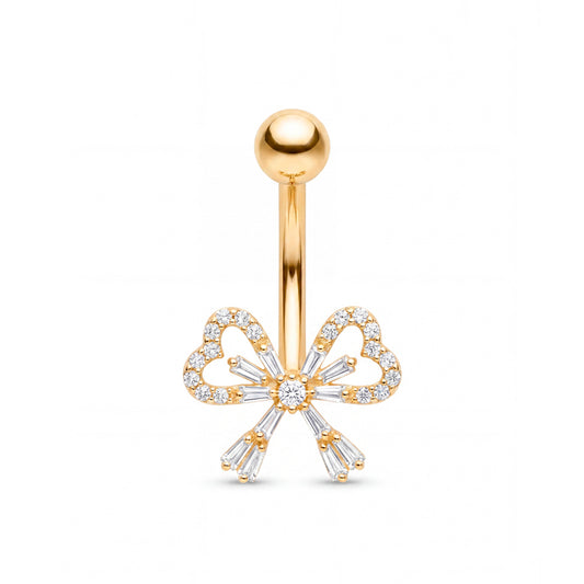 14K Yellow Gold CZ Center Plumeria Flower Belly Ring