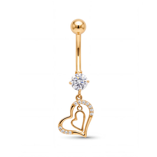 14K Yellow Gold White CZ Open Double with CZ Accents Dangle Belly Ring