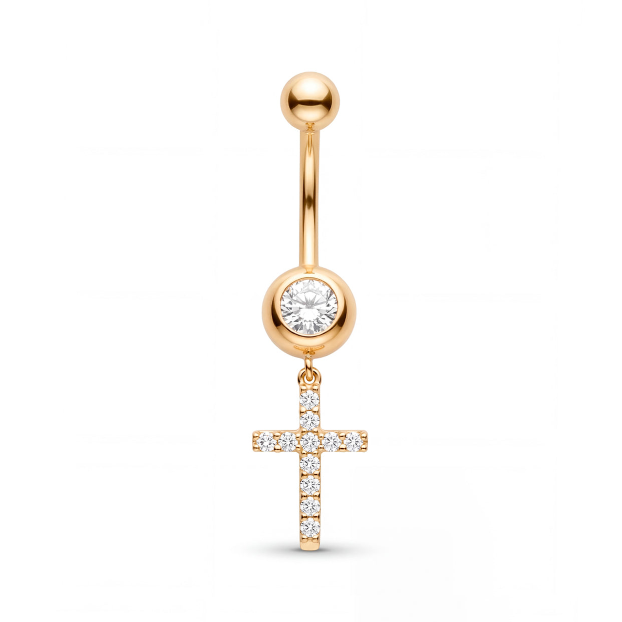 14K Yellow Gold White CZ Solitaire Dangle Cross Belly Ring
