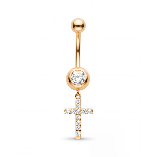 14K Yellow Gold White CZ Solitaire Dangle Cross Belly Ring
