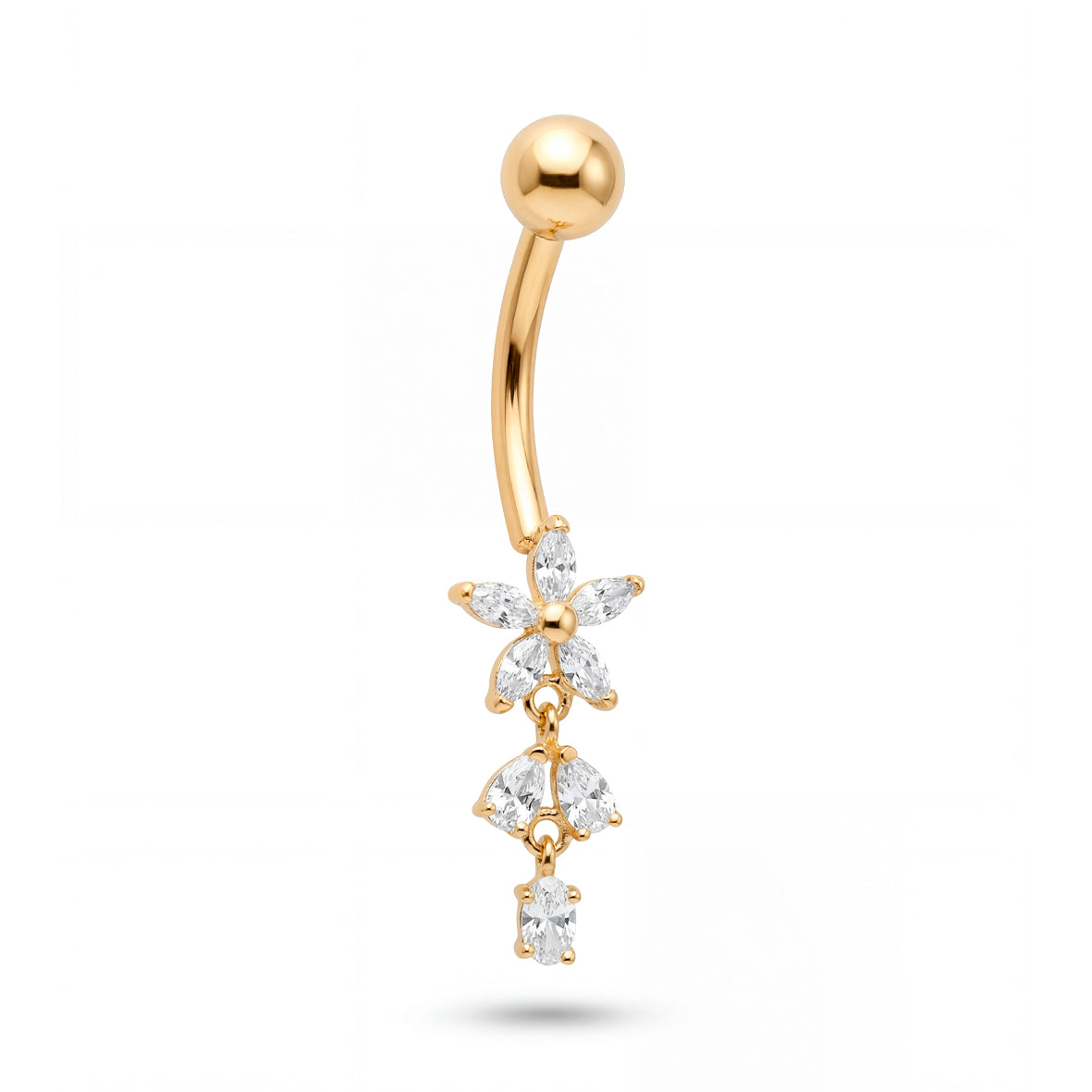 14K Yellow Gold CZ Flower and Multi CZ Shapes Dangle Belly Ring