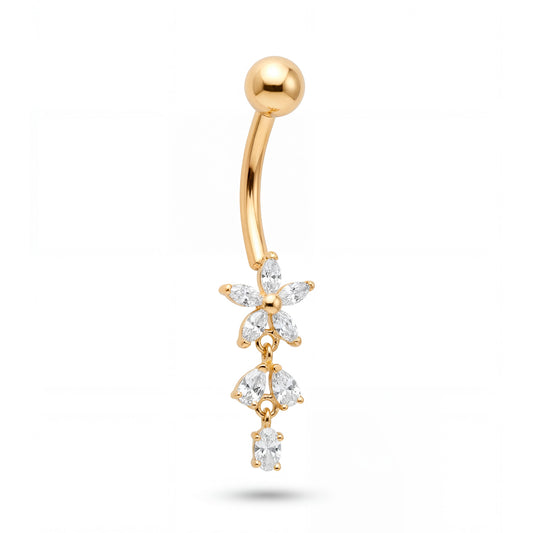 14K Yellow Gold CZ Flower and Multi CZ Shapes Dangle Belly Ring