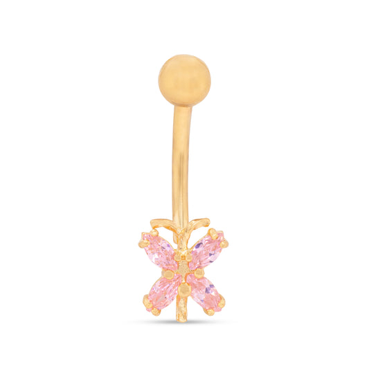 14K Yellow Gold Pink CZ Marquise Butterfly Belly Ring