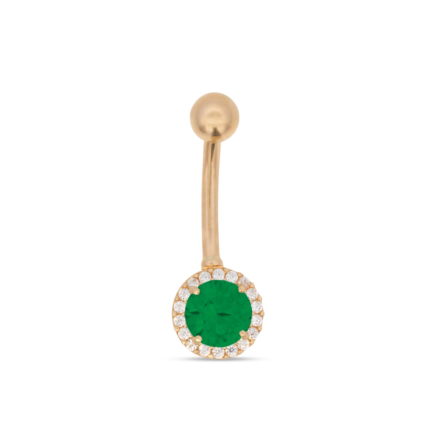 14K Yellow Gold Green CZ Halo Belly Ring