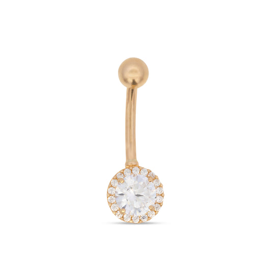 14K Yellow Gold White CZ Halo Belly Ring