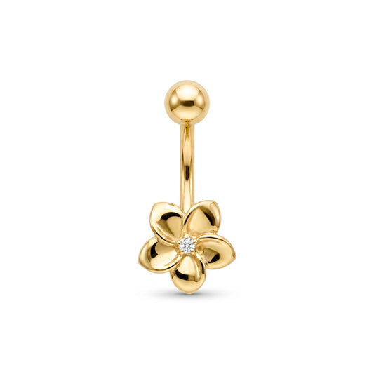 14K Yellow Gold White CZ High Polished Flower Belly Ring