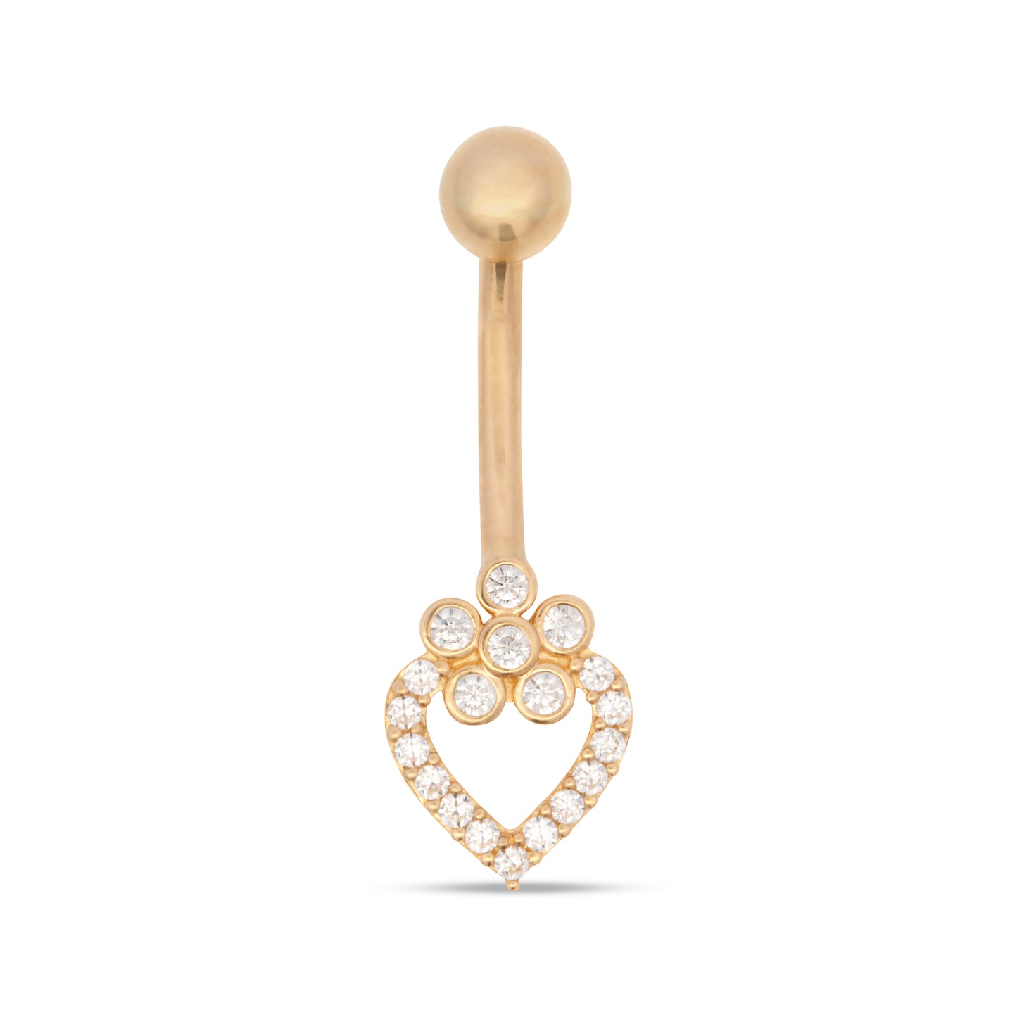 14K Yellow Gold White CZ Flower Top Open Heart Dangle Belly Ring