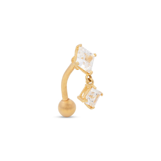 14K Yellow Gold CZ Princess-Cut Double Dangle Belly Ring