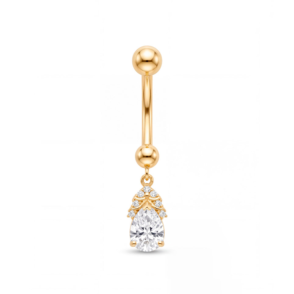 14K Yellow Gold White CZ Teardrop Cluster Dangle Belly Ring