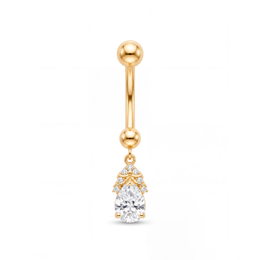 14K Yellow Gold White CZ Teardrop Cluster Dangle Belly Ring