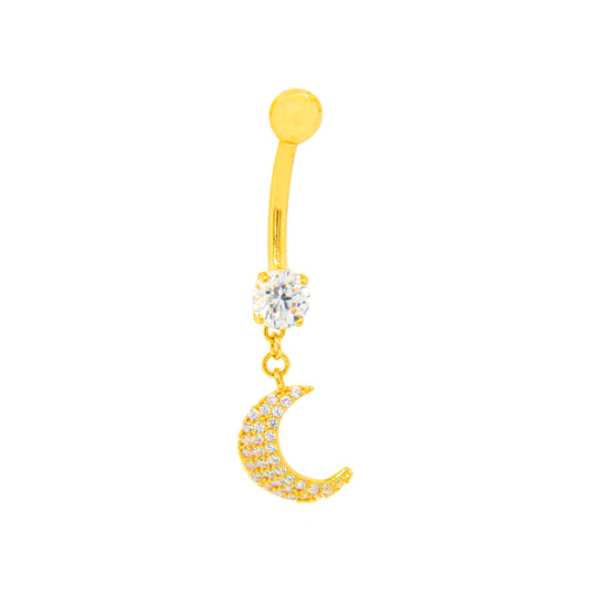 14K Yellow Gold White CZ Solitaire Drop Filigree Hamsa Belly Ring