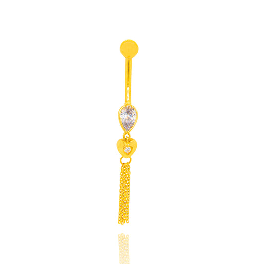 14K Yellow Gold White CZ Drop Heart & Long Chain Dangle Belly Ring
