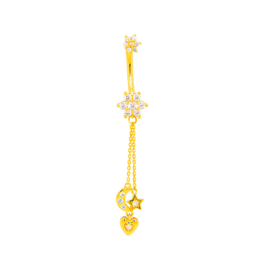 14K Yellow Gold Dangling White CZ Celestial Belly Ring