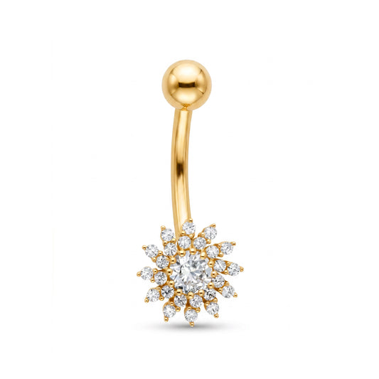 14K Yellow Gold White CZ Sunburst Belly Ring